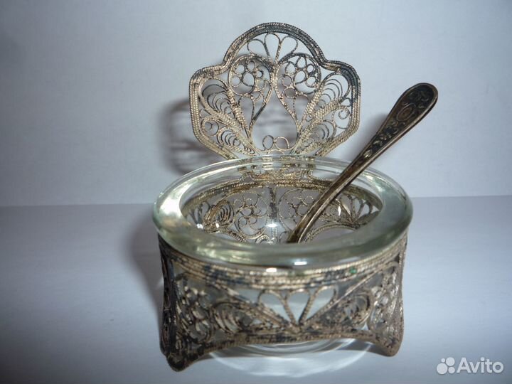 Солонка мельхиор эмаль хрусталь СССР