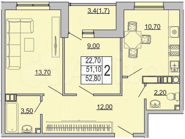 2-к. квартира, 52,8 м², 3/9 эт.