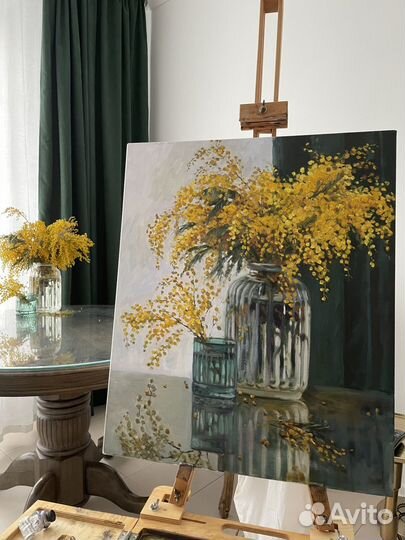 Картина маслом живопись букет мимоза. Подарок