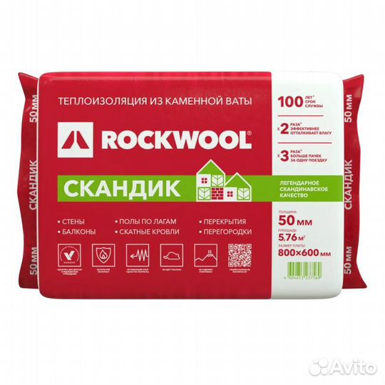 Rockwool lite баттс скандик 800х600х50/100мм