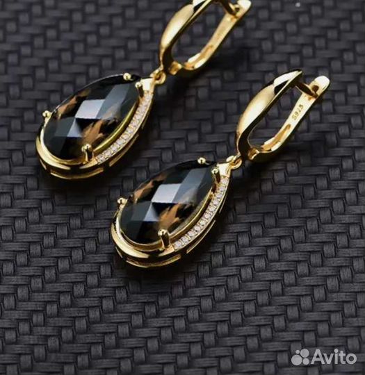 Серьги с натуральным дымчатым кварцем