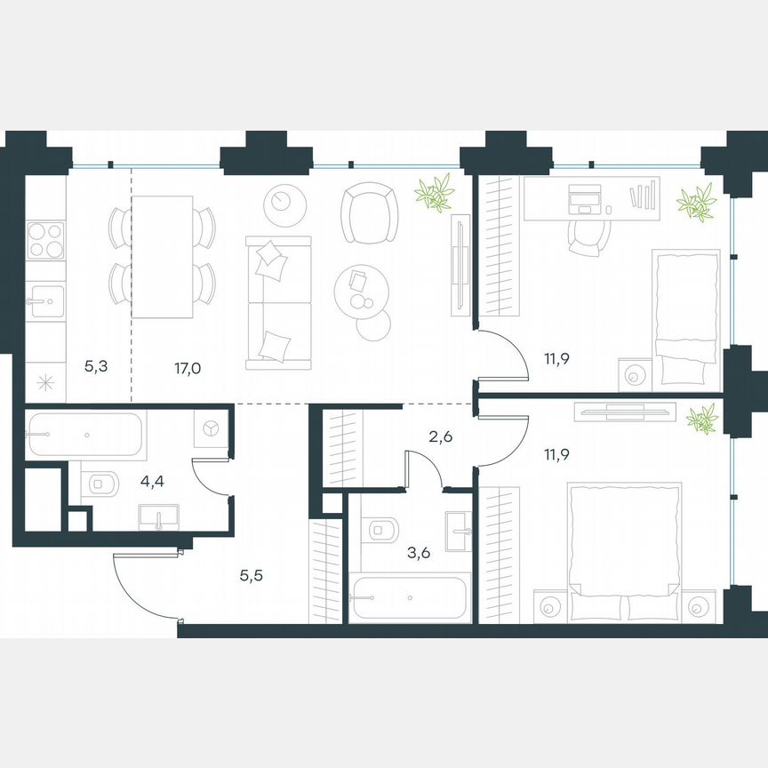 3-к. квартира, 62,1 м², 2/13 эт.