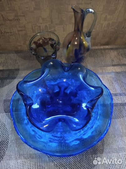 Модная кобальтовая стеклянная посуда, винтаж