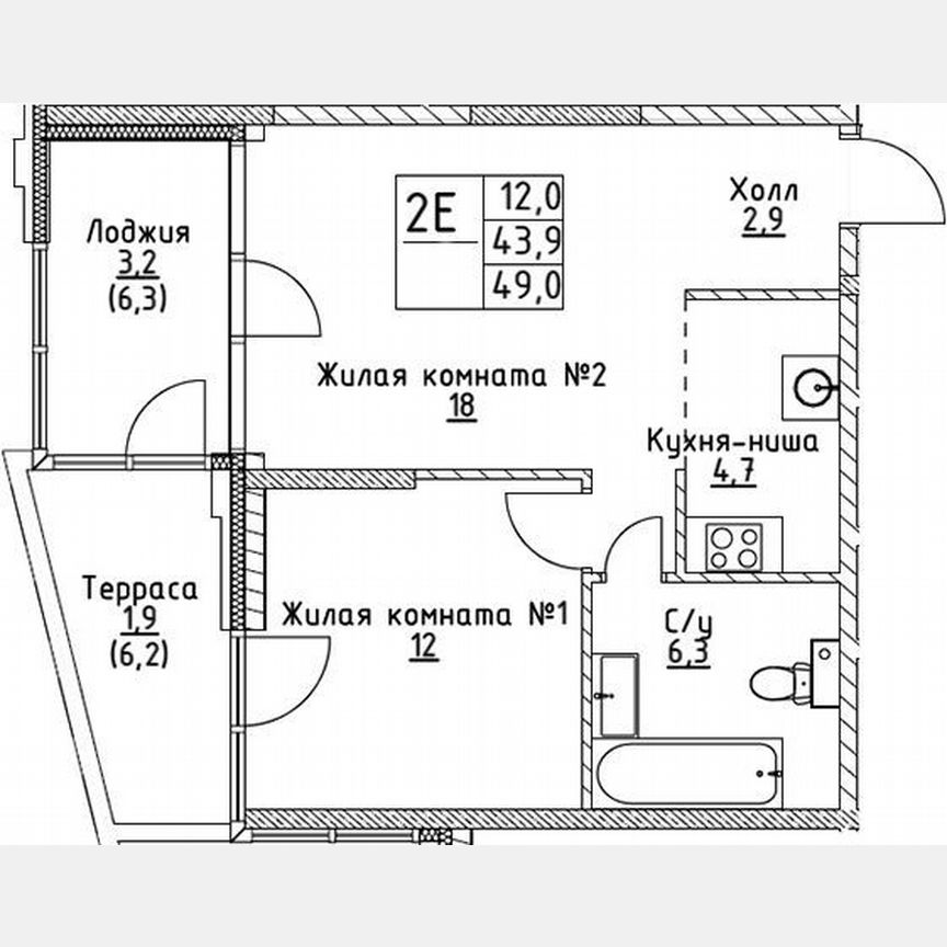 1-к. квартира, 43,9 м², 2/19 эт.