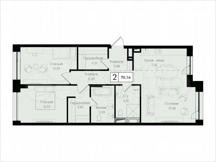 2-к. квартира, 78,3 м², 17/17 эт.