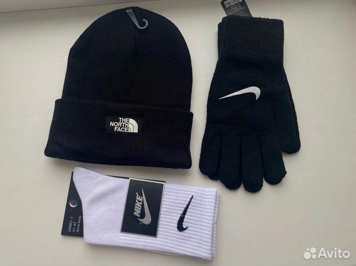 Зимний Комплект 3В1 Шапка TNF и перчатки nike