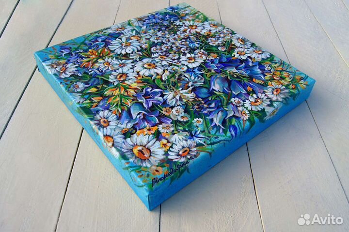 Картина маслом луговые цветы, ромашки. Холст