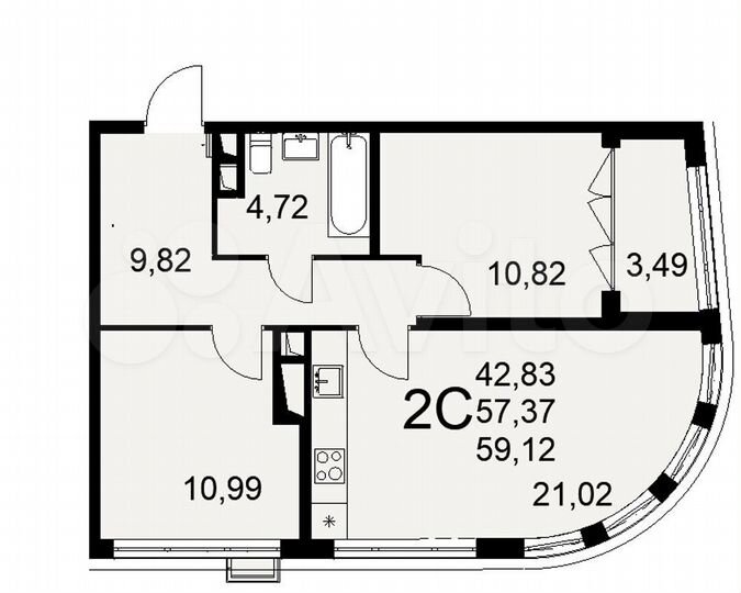 2-к. квартира, 59,1 м², 3/16 эт.