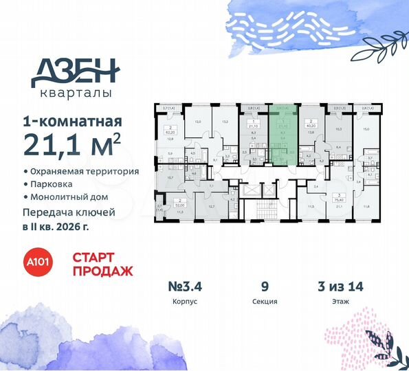 Квартира-студия, 21,1 м², 3/14 эт.