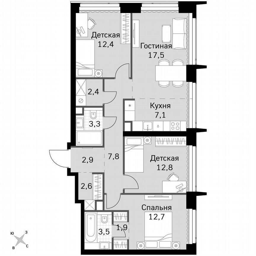 3-к. квартира, 86,9 м², 41/60 эт.