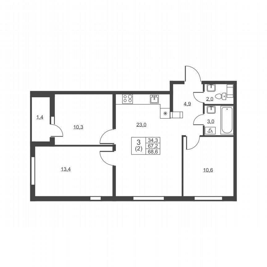 3-к. квартира, 68,6 м², 3/8 эт.