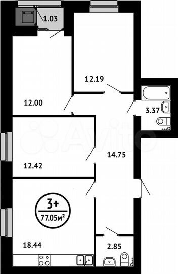 3-к. квартира, 77,1 м², 6/6 эт.