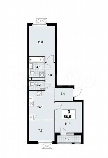 3-к. квартира, 56,5 м², 5/16 эт.