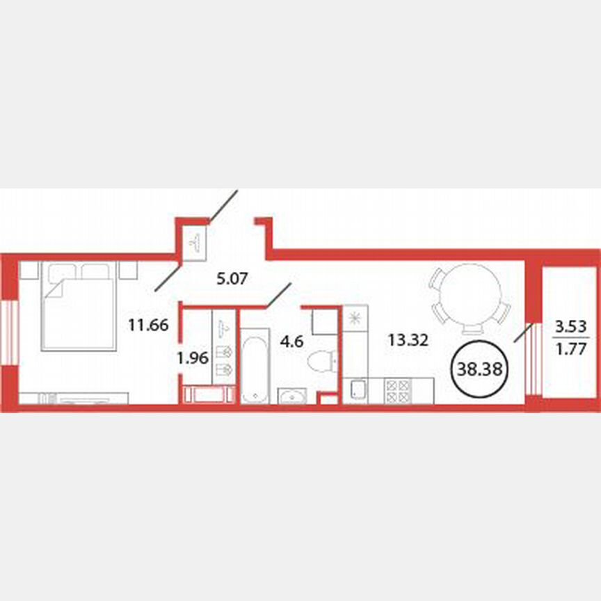 1-к. квартира, 38,4 м², 12/12 эт.