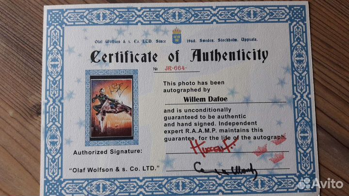 Автограф Уиллем Дефо. Зелёный гоблин. Marvel