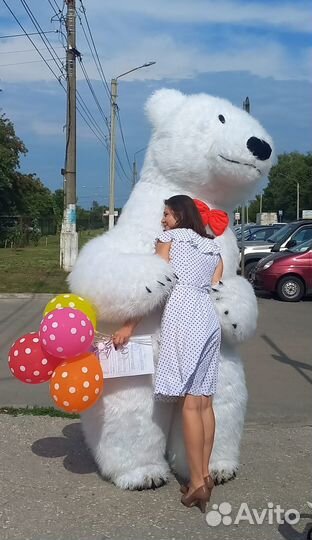 Меховой белый надувной мишка 2,6м. Ростовая кукла