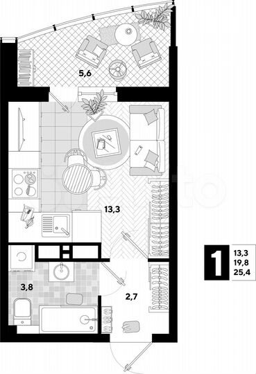 Квартира-студия, 25,4 м², 16/16 эт.