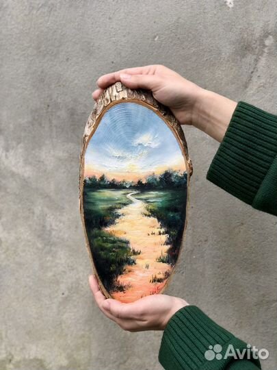 Маленькая картина маслом/дерево/пейзаж/закат