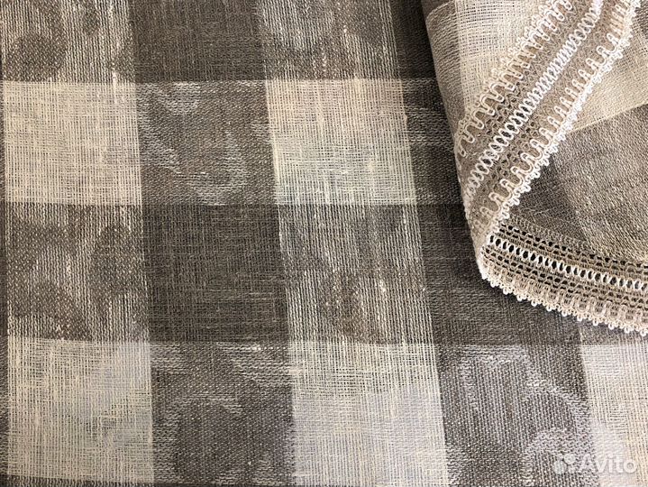 Скатерть льняная круглая 161см -№1, серая клетка