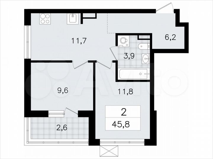 2-к. квартира, 45,8 м², 12/12 эт.