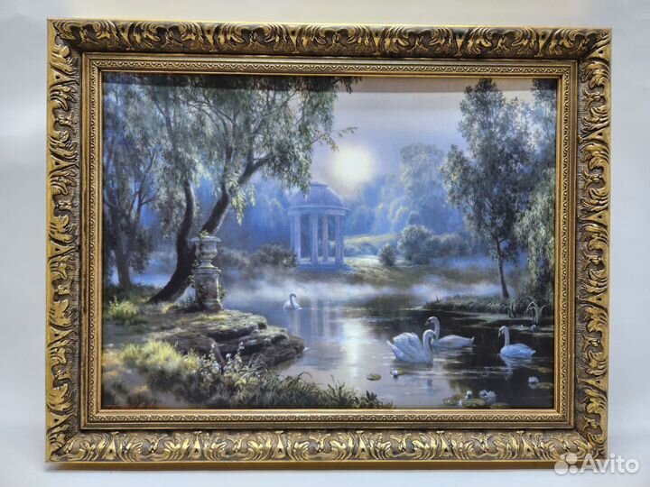 Две репродукции Виды природы Озеро и лебеди. Мельн