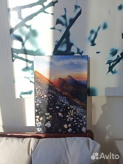 Картина маслом на холсте пейзаж - Утро в горах