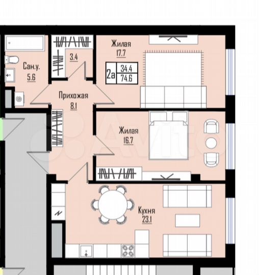 2-к. квартира, 75 м², 4/12 эт.