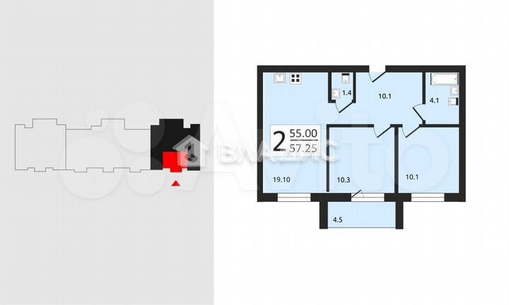 2-к. квартира, 57,1 м², 4/9 эт.