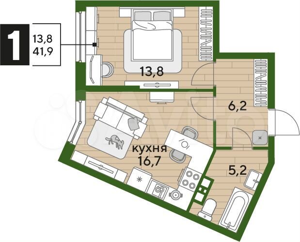 1-к. квартира, 41,9 м², 4/19 эт.