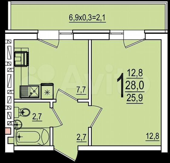 1-к. квартира, 28 м², 2/5 эт.