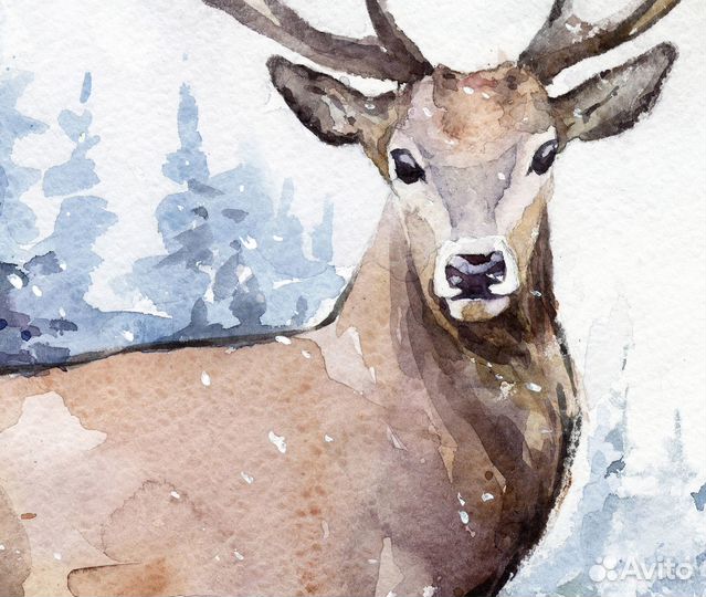 Картина акварелью пейзаж с оленем