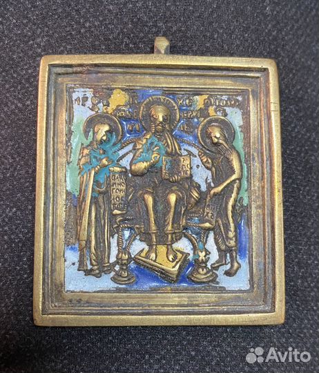 Икона Старинная Спас на троне 6 эмалей