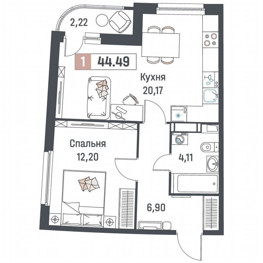 1-к. квартира, 44,5 м², 5/18 эт.