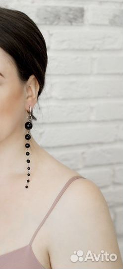 Серьги длинные серебро натуральный черный агат