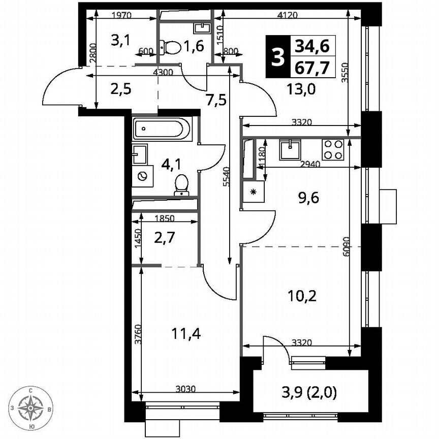 2-к. квартира, 67,7 м², 10/25 эт.