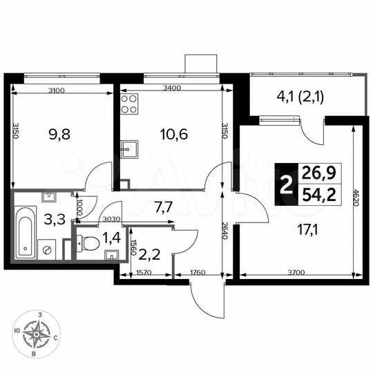 2-к. квартира, 54,2 м², 10/25 эт.