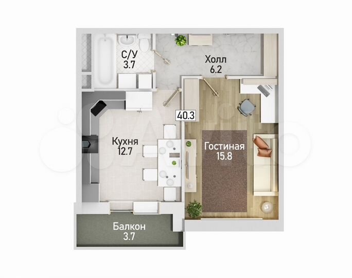 1-к. квартира, 40,3 м², 3/12 эт.