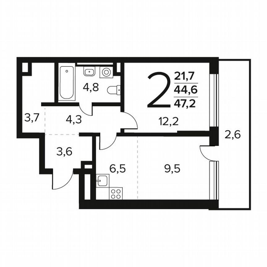 2-к. квартира, 47,2 м², 1/9 эт.