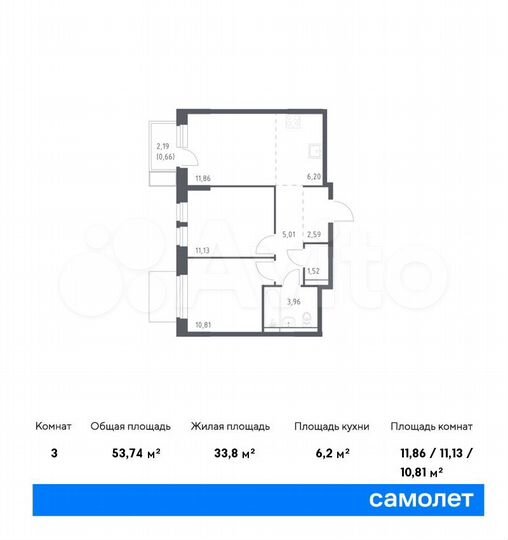 3-к. квартира, 53,7 м², 15/17 эт.