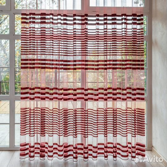 Тюль Полоска бордо готовый на окна пошив