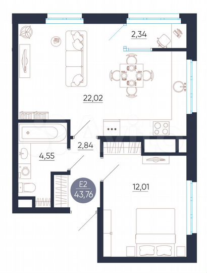 1-к. квартира, 43,8 м², 12/25 эт.