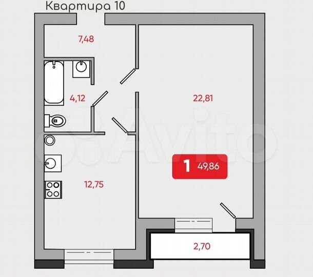 1-к. квартира, 49,9 м², 3/5 эт.
