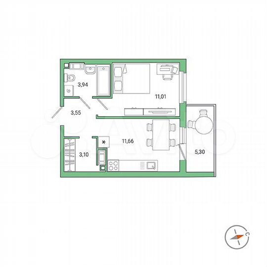 1-к. квартира, 34,9 м², 1/9 эт.