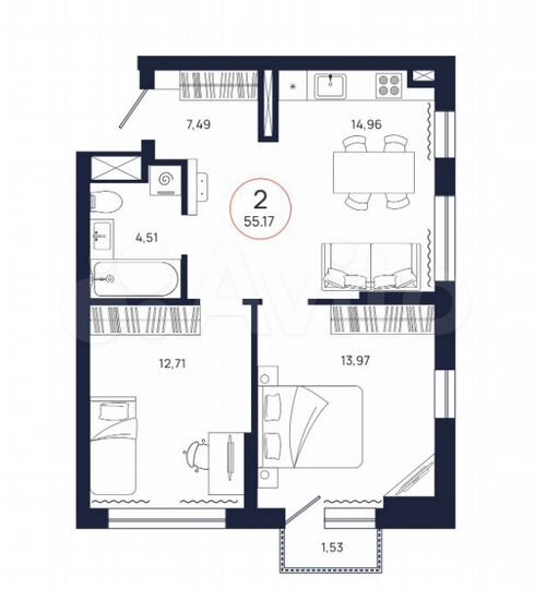 2-к. квартира, 55,2 м², 13/15 эт.