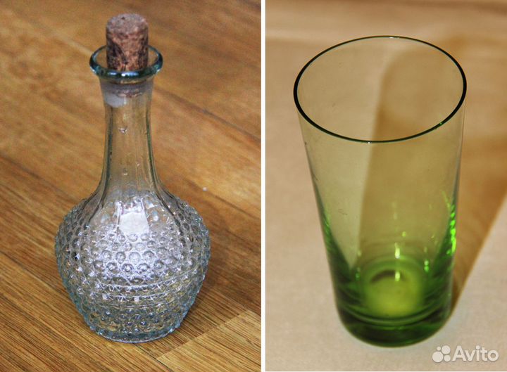 Стеклянный штоф и зелёный стакан советских времён