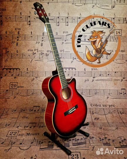 Акустическая гитара красная + аксессуар на выбор