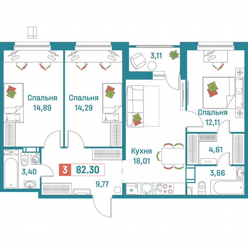 3-к. квартира, 82,3 м², 5/18 эт.