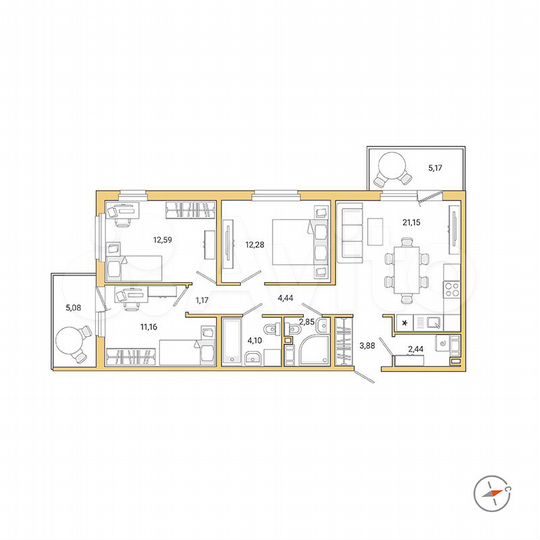 3-к. квартира, 79,1 м², 6/9 эт.