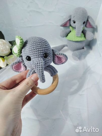 Вязаный слон, погремушка слоник (набор)