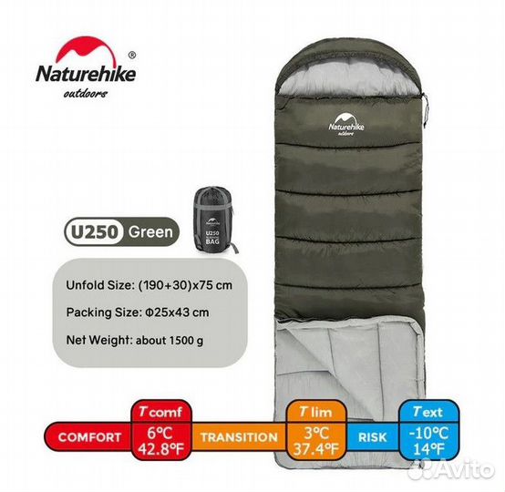 Спальный мешок Naturehike U250 (Левый), зеленый